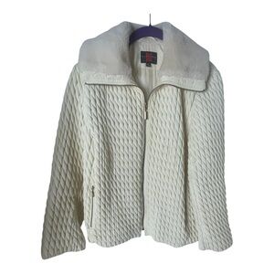 Gallery Women's Cream Quilted Puffer Zip Front Jacket Faux Fur Collar Sz S